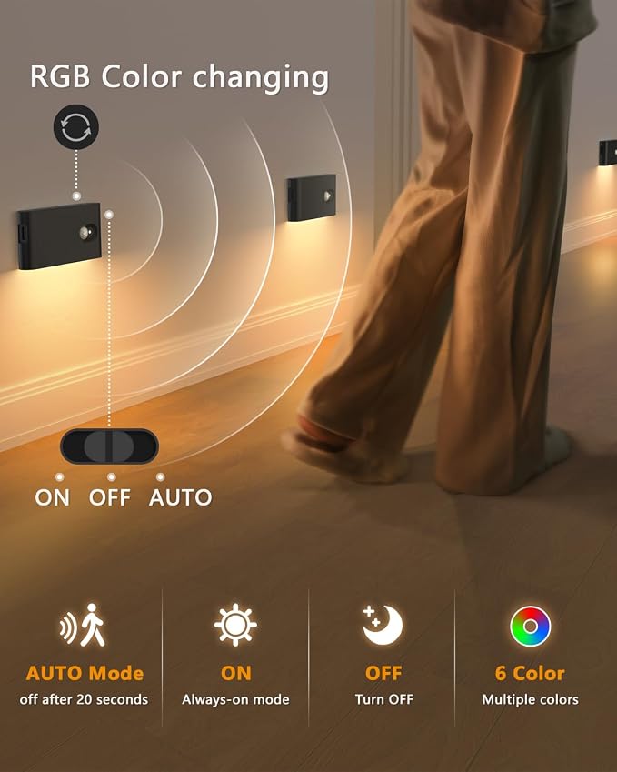 WILLED Stair Lights Indoor Rechargeable,RGB & Warm White Color Changing Night Light,Wireless Motion Sensor Lights Indoor for Stair,Bathroom,Hallway,Kitchen,Closet,Cabinet,Bedroom,Kids' Room