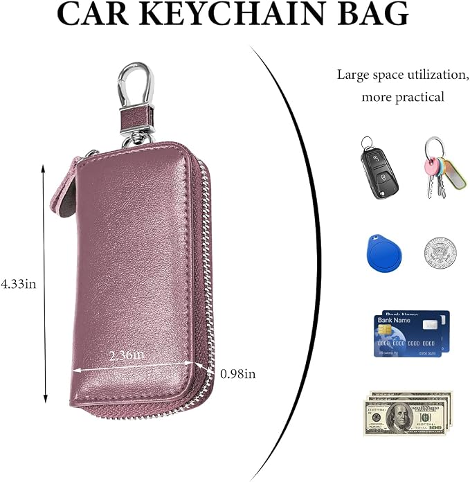 Leather Car Key Holder Bag, Unisex Key Fob Case with 6 Hooks, Zipper Closure Keychian Case Wallet for Smart Keys (Purple)