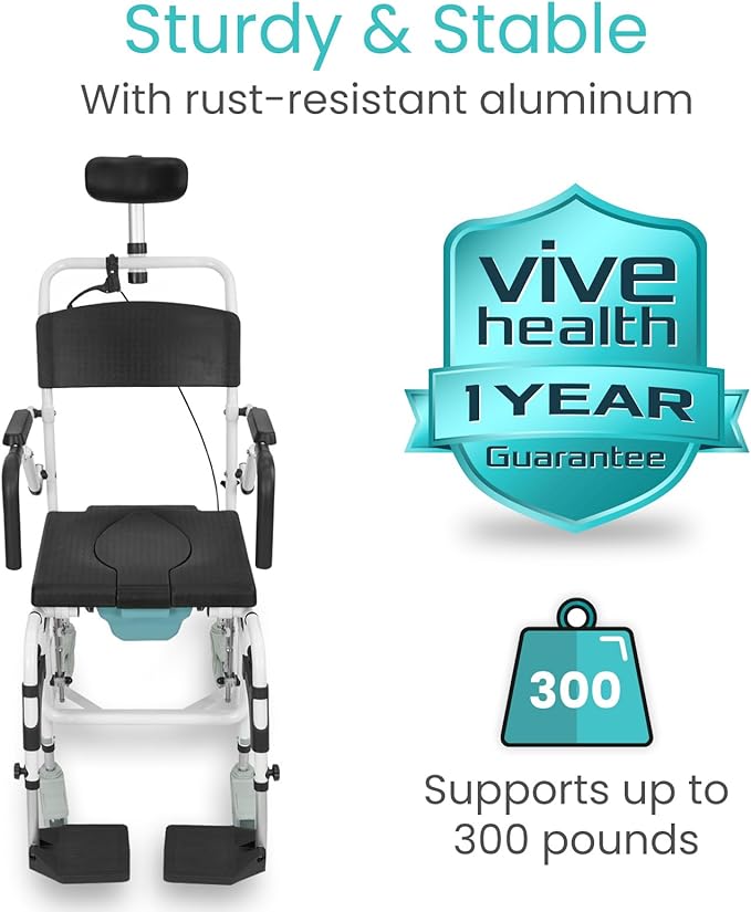 Vive Reclining Shower Chair with Wheels - Commode Wheelchair for Seniors, Disabled, Bariatric & Handicap - Padded Transfer Rolling Chairs with Arms - Portable & Waterproof - Extra Wide Seat