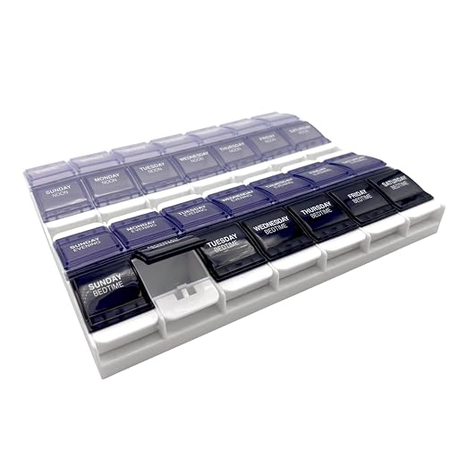 Ezy Dose Push Button Weekly 7-Day, 4X Per Day Pill Organizer, Grey, 2XL | Weekly Pill Case, Medicine Planner, Daily Vitamin Organizer, 4 Times a Day, Arthritis Friendly Push Button Lids, BPA Free
