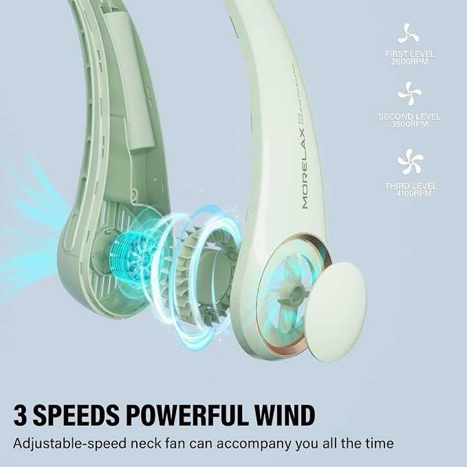 Jancane Portable Neck Fan, USB Rechargeable Personal Fan, 3 Speeds Adjustable, Large air outlet Powerful Strong Wind, Adjustable, 360° Cooling, Super Quiet, No Blade Design, No Hair Twisting,(Green)