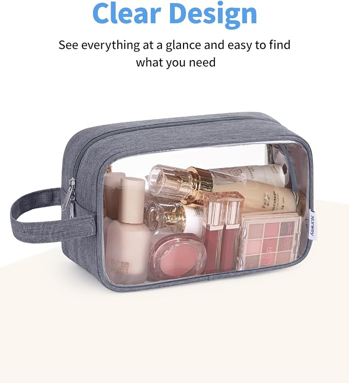Narwey Clear Travel Toiletry Bags for Traveling Toiletries Men Women, Clear Makeup Bag Cosmetic Bag with Zipper, Make Up Pouch Organizer Bag with Handle, Skincare Beach Snack Medicine Bag, Grey