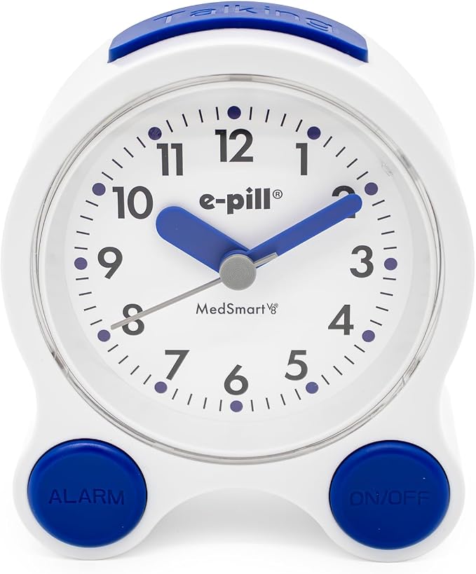 e-Pill MedSmart V8 Medication Reminder Clock for Seniors – 8 Loud Daily Alarms, Atomic Auto-Set Time, Large Easy-Read Screen, White