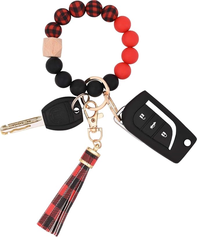 BAOSIWA Silicone Beaded Bracelet Keychain Wristlet Key Ring Bangle Chains for Women with Leather Tassel