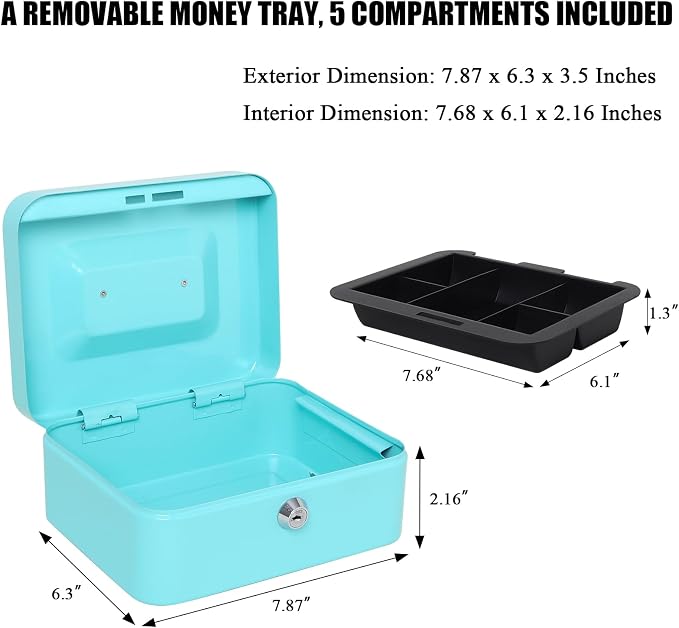 Jssmst Cash Box with Key Lock - Durable Metal Cash Box with Money Tray, Light Blue, Medium