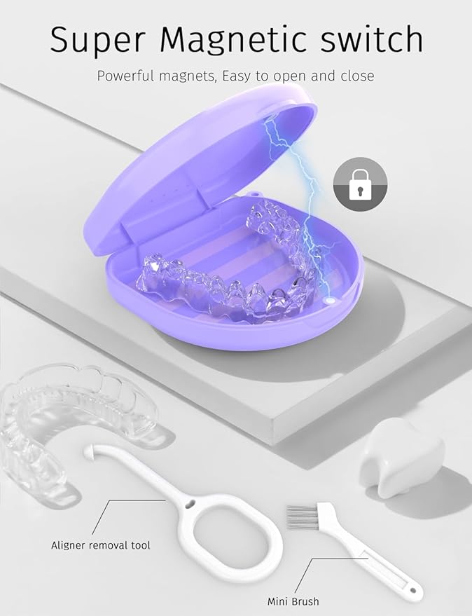 2Pack Retainer Case, Compatible with Invisalign, Slim Aligner Case with Vent Holes, Portable Orthodontic Box with Removal Tool, Brush and Lanyard, Purple