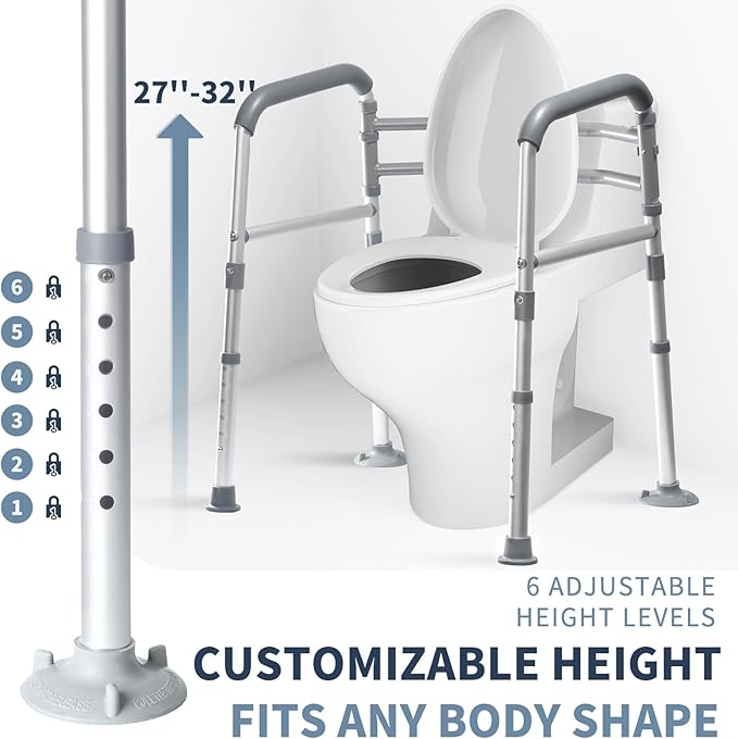 Toilet Safety Rails, Height-Adjustable, Foldable, Tool-Free Assembly, for Elderly, Seniors, Handicap & Disabled, 350 lbs Capacity