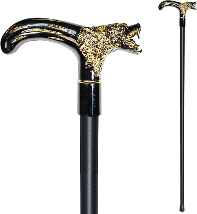 Walking Cane for Men & Women & Seniors - 36.5 Inch Heavy Duty 500+ lbs Capacity, Wolf Ergonomic Handle, Decorative & Ornate Design, Gothic & Goth Elegant Artistry, Metal Cane