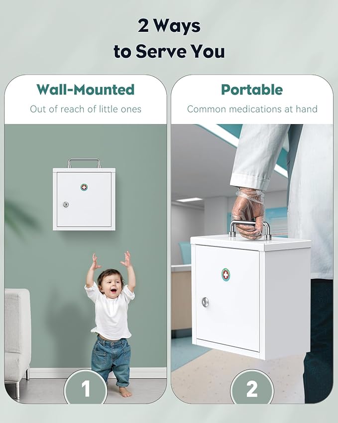 Uniclife Wall Mount Medicine Cabinet with Key Lock & Handle Locking First Aid Cabinet Lockable Medical Cabinet Lightweight Medium Medicine Organizer Secure Steel Wall Cabinet Metal Storage Box, White