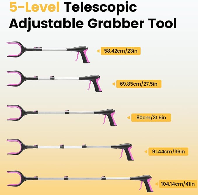 Telescopic Grabber Reacher Tool, 5-Level Adjustable Length (23'' to 41'') - Trash Claw Gripper, Pickup Stick for Litter Picking, Yard Work, and Seniors (Pink-2PC)