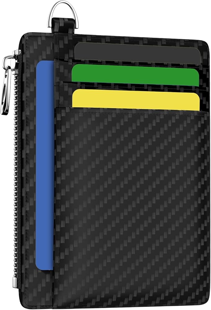 Hancynir Minimalist Black Slim Wallet Men Credit Card Holder Small RFID | Zipper Pocket Wallet, Thin Travel Coin Purse, Ladies Women Mens Gifts, Cute Card Case, 6 Card Slots, ID Window, PU Leather