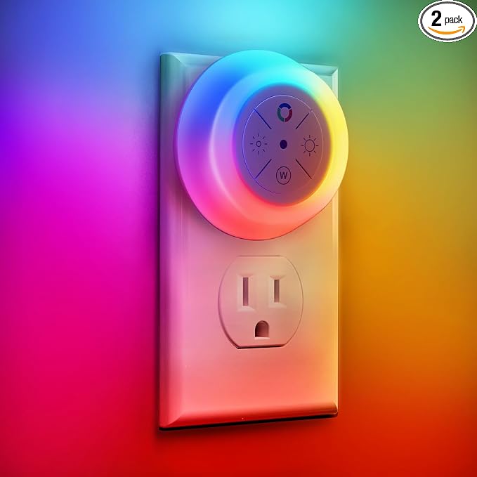 Dawnrise Night Lights Plug Into Wall, Dusk to Dawn Sensor, 2 Pack,12-Color Changing Led Plug in Night Light Dimmable for Bedroom, Stairs, Kitchen, Hallway, Utility Room, Kids Room | Dusk to Dawn Sensor Led Plug in Night Light Dimmable for Bedroom, Stai...