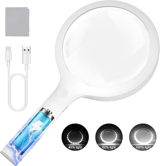 30X Charge Magnifying Glass with Light, NUEYiO 4.33Inch Large Handheld Magnifying Glass 20 Daylight LEDs, Third Gear Dimming Lighted Magnifier for Seniors Reading Inspection Coin Collection Jewelry