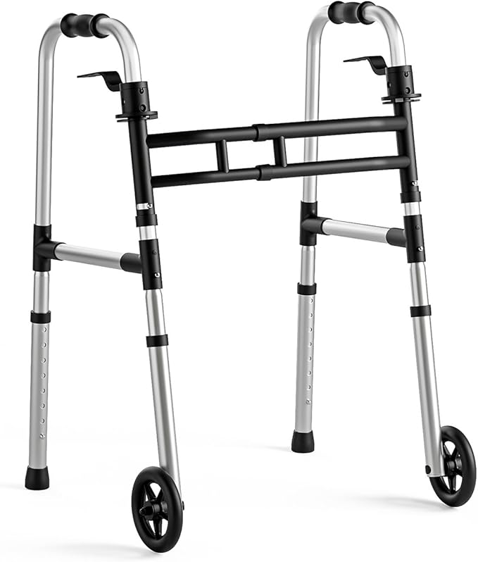 Walkers for Seniors Foldable, Aluminum Lightweight Walker with Wheels, Adjustable Height & Width Standard Walkers for Elderly & Disabled, 350 lbs Capacity, Silver