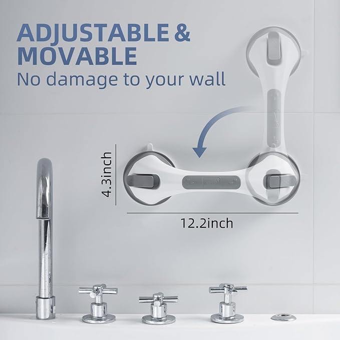 Grab Bars for Bathtubs and Showers 2 Pack Glow in The Dark, 12 inch Suction Grab Bar, Shower Handle Safety Grip Handrail for Seniors and Elderly, Removable Waterproof No Drilling, Grey