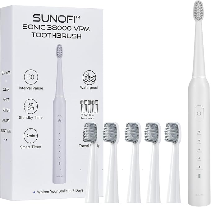 Sonic Electric Toothbrush Set for Adults, 5 Modes Rechargeable Toothbrush with 5 Brush Heads, 50-Day Battery Life, IPX7 Waterproof, 2-Min Smart Timer (White)