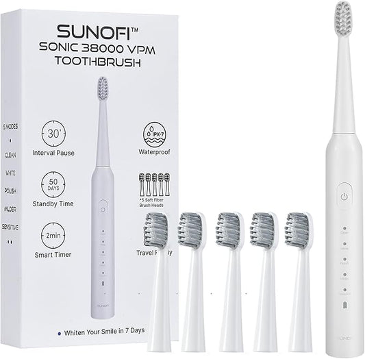Sonic Electric Toothbrush Set for Adults, 5 Modes Rechargeable Toothbrush with 5 Brush Heads, 50-Day Battery Life, IPX7 Waterproof, 2-Min Smart Timer (White)