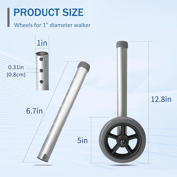 Walker Wheels Replacement - 5 Inch Wheels for Walkers for Seniors | 1 Pair Walker Wheels for Walkers with 1 Inch Tube Diameter, Walker Feet Accessories (Grey)