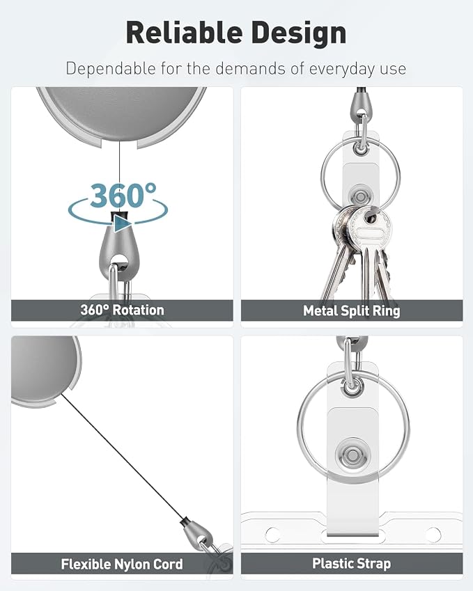 Uniclife 2 Pack Retractable Keychain, Retractable Badge Reel, Heavy Duty Badge Holder Clip for Keys and ID Card, Key Chain Extender with Carabiner Belt Clip and Key Ring, Light Grey