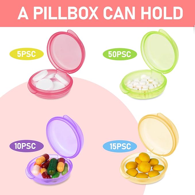 4 Pcs Mini Pill Organizer Small Pill Box Cute Portable Pill Case for Pocket Purse Travel Storage Containers Earplug Case Medicine Dispenser Vitamin Holder (Pink+Orange+Green+Purple)