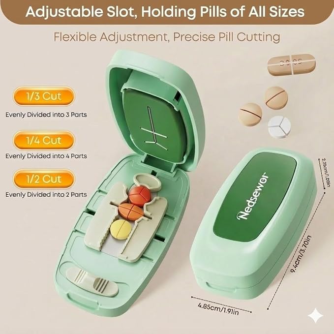 Pill Cutter for Small & Tiny Pills - Adjustable Multi-Cut Tablet Splitter (1/2, 1/3, 1/4 Cuts,) | Safe Hidden Blade & Portable Carry Around Pill Splitter for Cuting Vitamins, Tablets (Matcha Green)