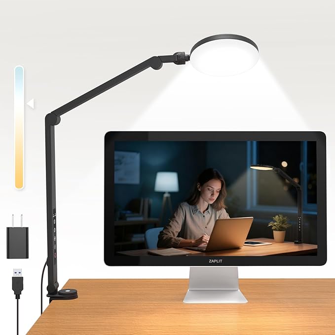 Desk Lamp, ZAPLIT 10W LED Desk Light with Clamp & Adjustable Arm for Home Office, Touch Control Eye-Care Light for Reading with 5 Color Temps (1700K-6000K) & 10 Brightness, Timer, USB Adapter Included