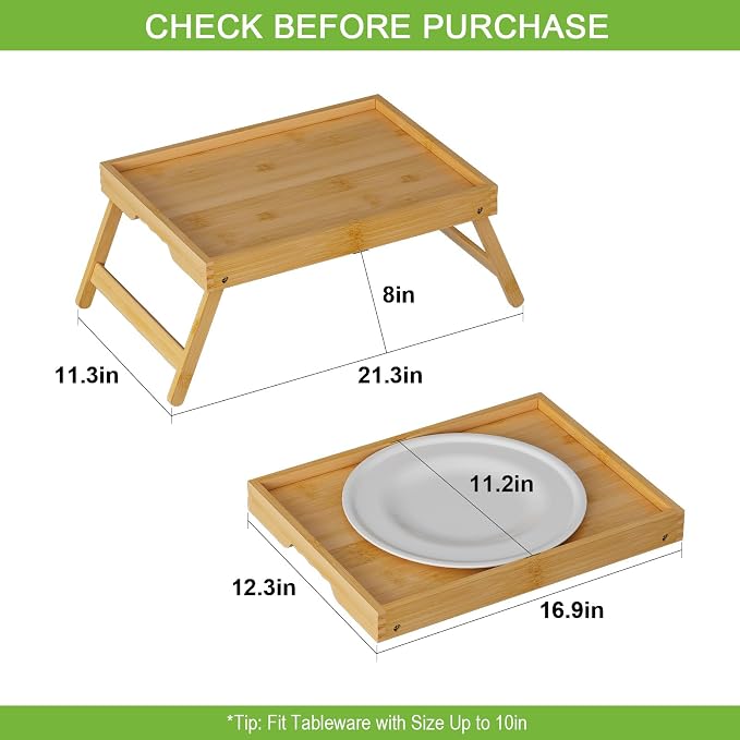 Youpehom Bamboo Bed Tray Table with Folding Legs, Large, Bamboo | Large bamboo bed tray with folding legs, handles and raised edges for meals, laptops, reading and serving in bed.