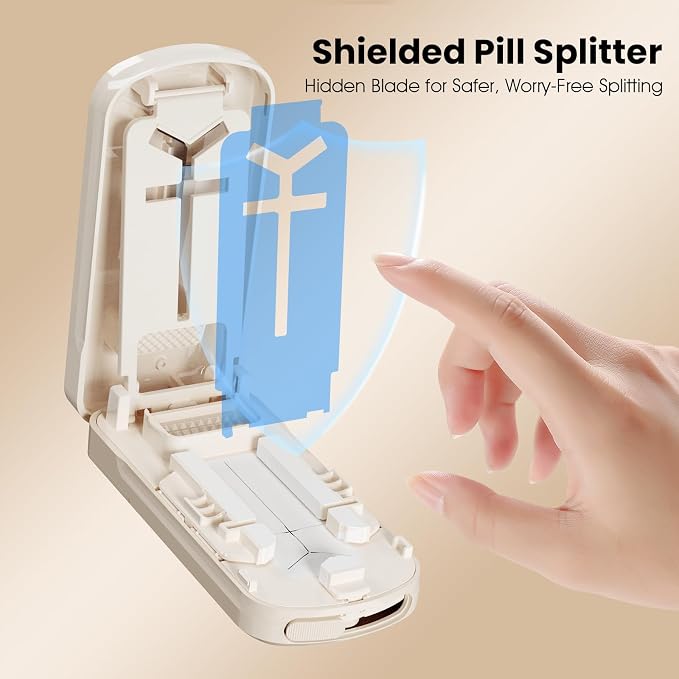 Pill Cutter 1/2 1/3 1/4, Precision Pill Splitter for Small & Large Pills, Adjustable Centering Slot, Dual Safety Blades, 3-in-1 Tablet Cutter, Portable & Easy to Use