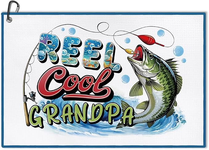 DYJYBMY Reel Cool Grandpa Printed Golf Towel with Clip, Funny Sea Bass Sport Towel for Fishing Lover, Golf Accessories for Dad, Retirement Father's Day Appreciation Gifts for Grandpa Dad Husband Uncle
