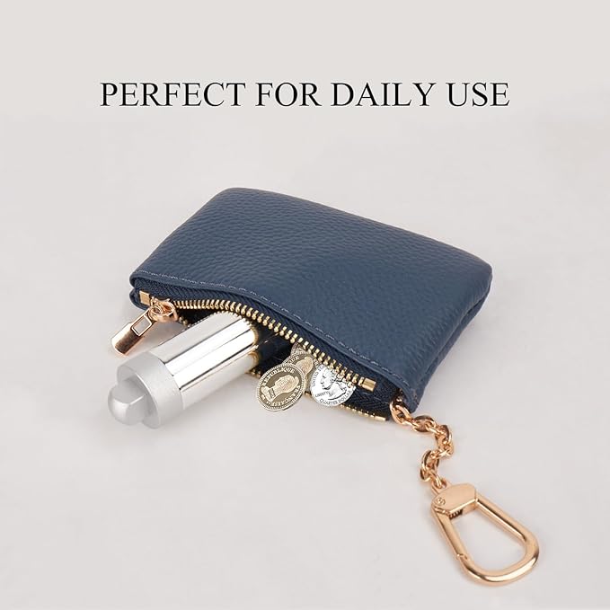 Full Grain Leather Coin Purse with Key Chain - Small Change Purse Keychain Card Holder Keychain Pouch Small Keychain Wallet for Women and Men (Navy Blue), LA-2312