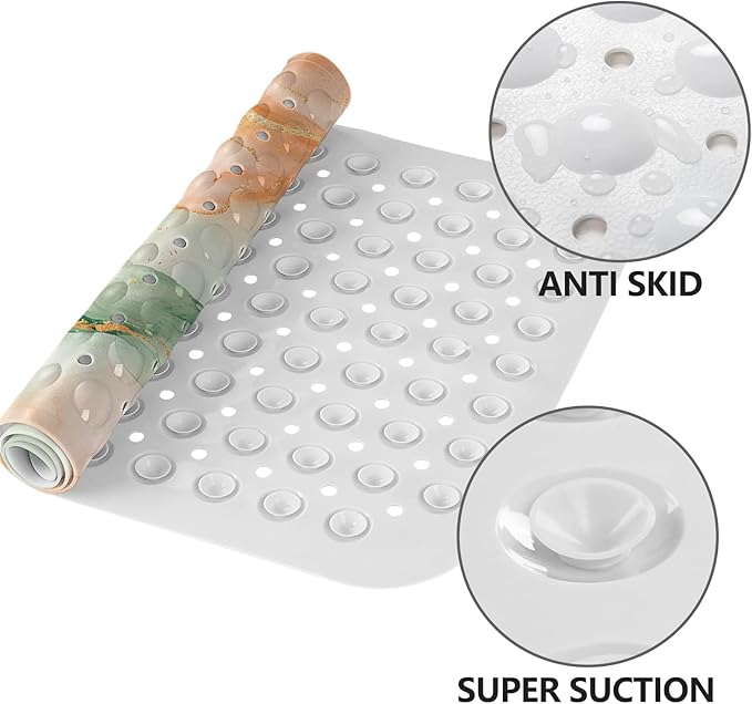 LNOND Marble Bath Tub Mat Non Slip, Extra Long 40 X 16 Inch Anti Slip Mat for Bathtub, Orange Green Marble Shower Mat with Drain Holes and Suction Cups, Machine Washable