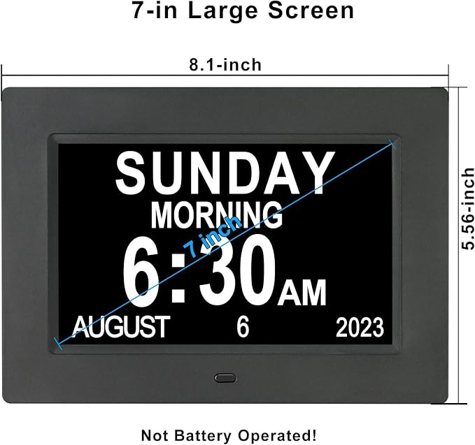 TSITSC 7 Inch Digital Day of The Week Clock Extra Large Non-Abbreviated Dementia Day and Date Time Clocks for Seniors Elderly Impaired Vision Memory Loss 12 Alarm Reminders + Auto-Dimming(Black)
