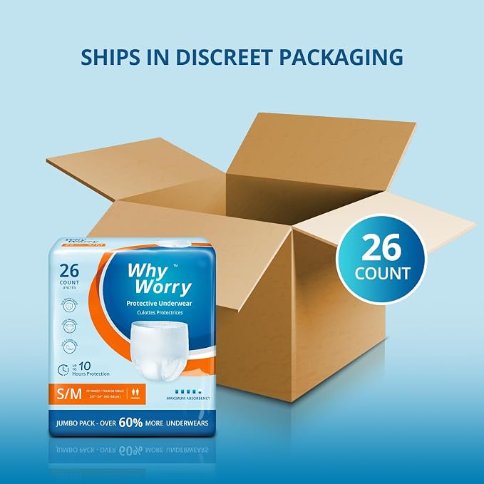 WhyWorry Incontinence Underwear for Women & Men, Small/Medium, 26 Count | Disposable Adult Pull Ups with Maximum Absorbency, Leakproof Adult Diaper Pants, Overnight Protection, Odor Control, Unisex