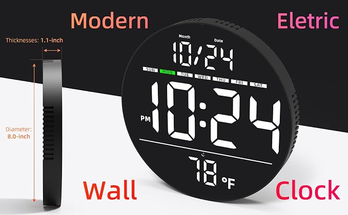Digital Wall Clock with Large LED Display, Date, Temperature, Auto-Brightness | Small [PLUG-IN] Clock | Modern Electric Wall Clock for Bedroom, Classroom, Living Room, Home, Office, Farmhouse – White