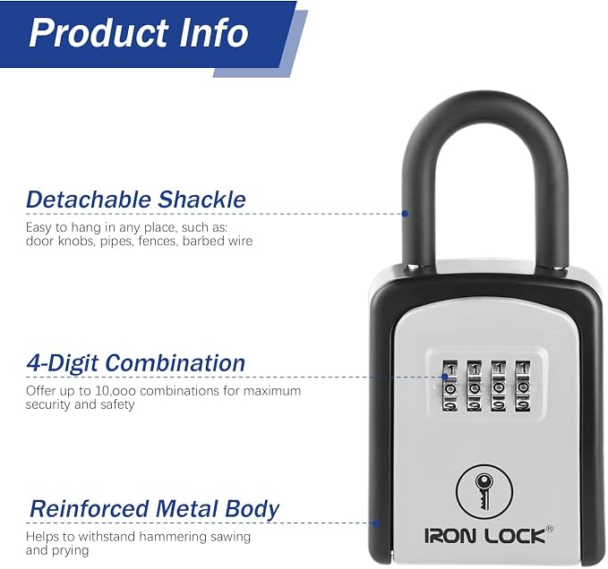 Iron Lock® Small Portable Key Lock Box with Code, U-Shackle (Small, Grey) | U-shackle opens fully out to loop over a handle, gate, latch or rail; rolling combination dials, no app, no battery