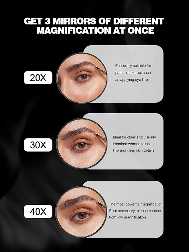 20X/30X/40X Magnifying Mirror with Suction Cups and Tweezers Set, 3.5 inches Travel Magnified Makeup Mirror, Black, 3PCS