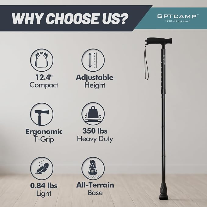 GPTCAMP G2 Walking Stick, Fold-up Walking Cane for Women and Men with Wrist Strap, Portable, Foldable, Collapsible, Lightweight and Sturdy with Comfortable T Handle