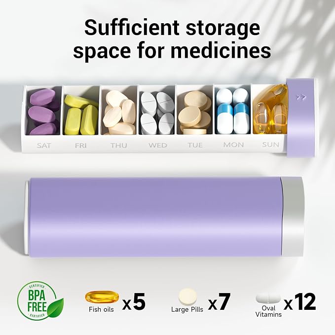 Betife Travel Pill Organizer Weekly 7 Day, Compact Daily Pill Box, Portable Medicine Case for Vitamins Supplements, Drawer-Shaped (Purple)