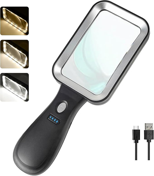 10X Magnifying Glass with Light, Rechargeable Magnifier with 3 Color Modes, Lighted Magnifying Glass Handheld for Seniors Reading Low Vision, Inspection, Close Work
