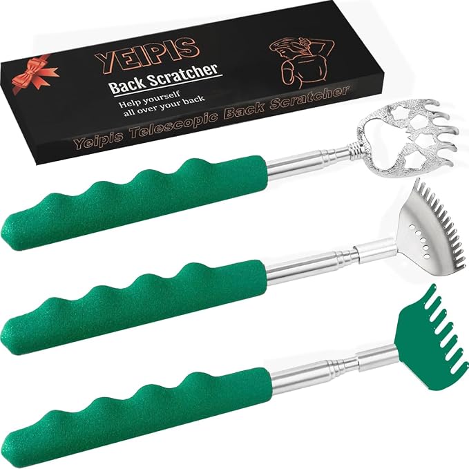 Yeipis 3 Pack Different Back Scratcher Metal Portable Telescoping Back scratchers with Rubber Handles, Extendable Back Massager Tool with Beautiful Box Great Stocking Stuffers（Green）