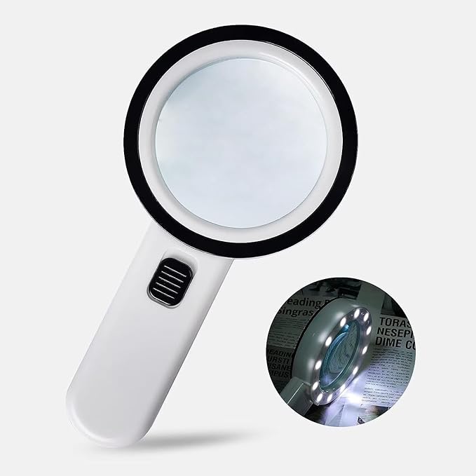 Magnifying Glass with 12 LED Lights, Double Glass Lens Handheld Illuminated Magnifier Reading Magnifying Glass with for Macular Degeneration Seniors Reading Inspection Coins Jewelry