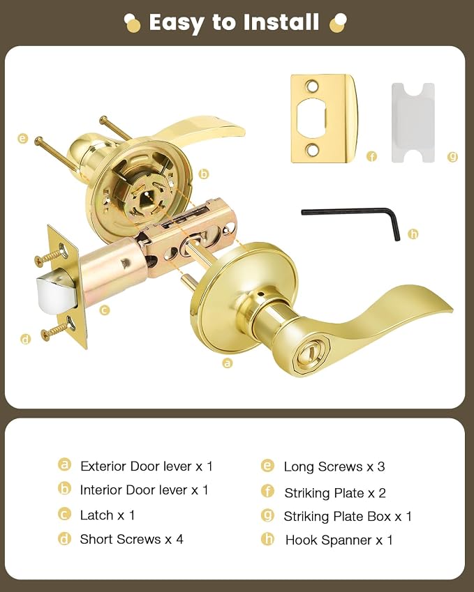 Gobrico Drop Lever Bedroom Bathroom Door Locksets Privacy Locks in Polished Brass,Detachable Latch Plate,Reversible Levers for Right and Left-Handed Doors 2Pack