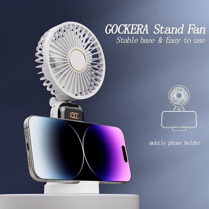 GOCKERA Portable Fan, 4200mAh Battery Operated Fan, 5 Speeds&Digital Display, Makeup Fans for Women with Base, 180°Foldable 3in1 Handheld/Neck/Desk Fan for Outdoor Indoor,Ultra Quiet (White)
