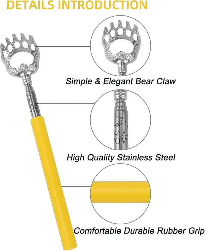 WOVTE Back Scratcher, Bear Claw Telescopic Back Scratcher Stainless Steel Back Massager, Back Scratcher for Men Women Gifts for Men Stocking Stuffers for Men Women Mens Gifts(Yellow)