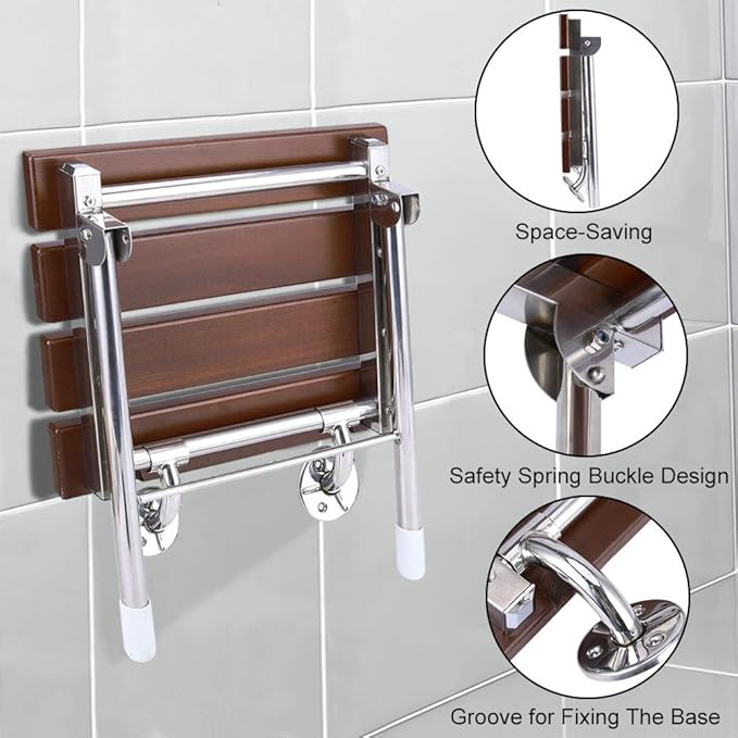 Folding Shower Seat Wall Mounted Bathroom Bathtub Safety Stool Chair, Solid Wood, with Support Legs, Load of 350 lbs, 14.88"(L)*12"(W)*17.12"(H) (Wood)