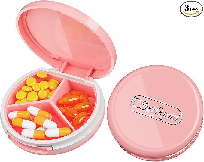 Serfeymi Small Pill Case for Purse, Unique Artistic Patterns Travel Pill Box with 3 Compartments, Portable Mini Pill Organizer for Pocket, Decorative Pill Container for Purse - Pink(Logo)