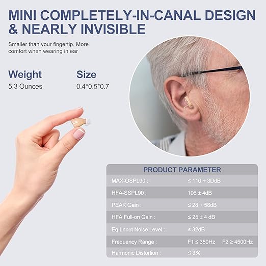 Rechargeable Hearing Aids with 3 Noise Cancelling Program Selection and Button Volume Control,Earrck 12-Channel (CIC) Digital Hearing Amplifier for Seniors with Mild to Moderate Hearing Loss (Beige)
