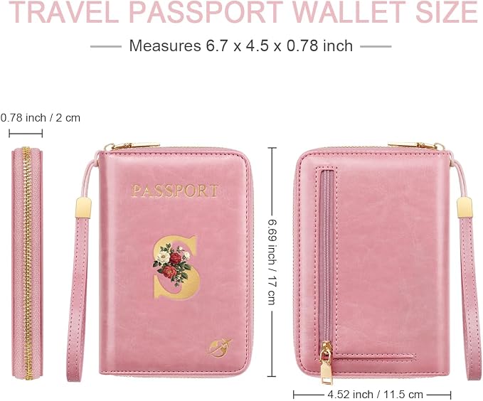 Passport Holder for Travel Personalized Wallet with Wristlet Women | All-in-One Passport Cover, RFID Blocking, Back Coin Pocket, Paper Money Slot, Zipper Closure, Roses Initial Letter, Pink S