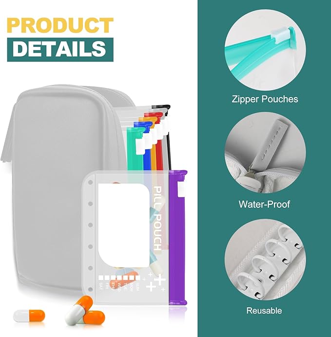 A7 Waterproof Pill Organizer with 7 PCS L Size Zippered Pill Pouches for A7 Binder, Large BPA-Free Weekly Medicine Organizer, Color-Coded Reusable Travel Pill Storage System