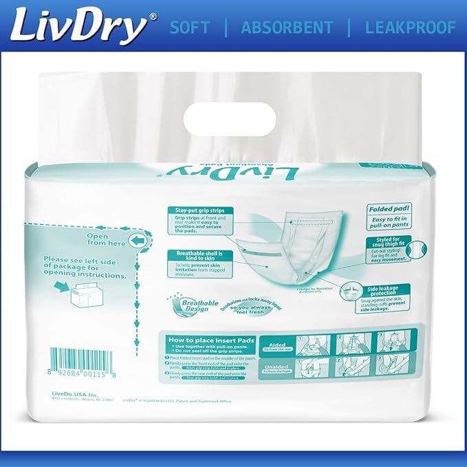 LivDry Incontinence Pads for Women and Men, Long Length Insert, Extra Absorbency with Odor Control (30 Count)